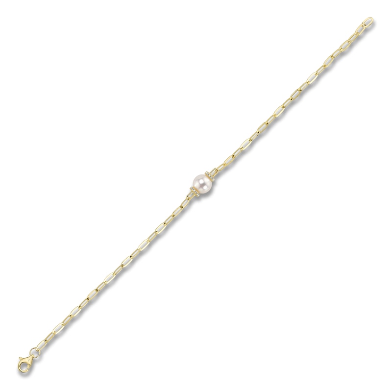 Main Image 2 of Shy Creation Cultured Pearl & Diamond Paperclip Chain Bracelet 1/20 ct tw 14K Yellow Gold 7"
