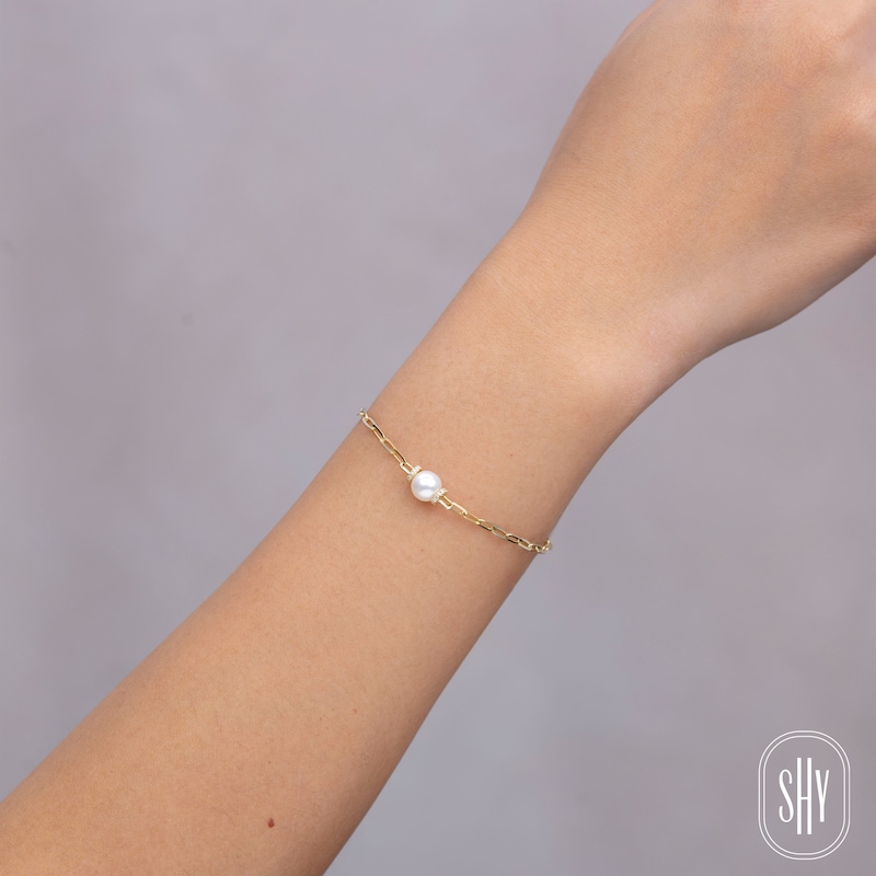 Main Image 4 of Shy Creation Cultured Pearl & Diamond Paperclip Chain Bracelet 1/20 ct tw 14K Yellow Gold 7"
