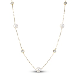 Cultured Pearl & Bezel-Set Lab-Grown Diamond Station Necklace 3/8 ct tw 14K Yellow Gold 18"