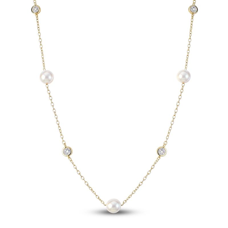 Main Image 1 of Cultured Pearl & Bezel-Set Lab-Grown Diamond Station Necklace 3/8 ct tw 14K Yellow Gold 18"