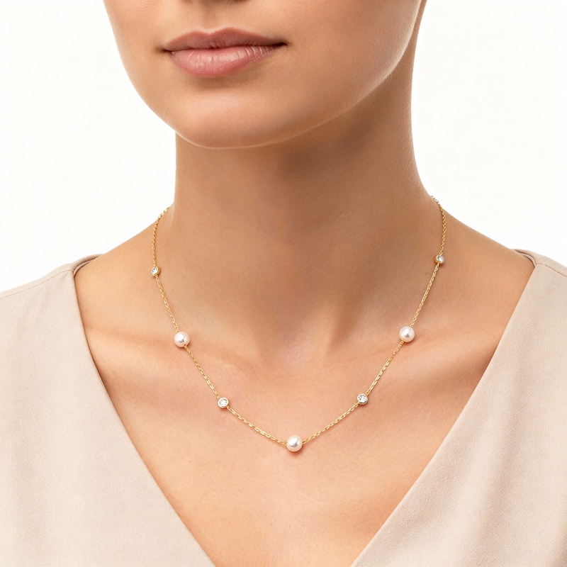 Main Image 3 of Cultured Pearl & Bezel-Set Lab-Grown Diamond Station Necklace 3/8 ct tw 14K Yellow Gold 18"