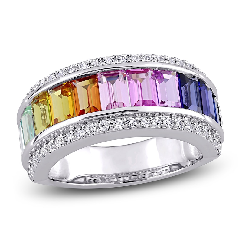 Main Image 1 of Baguette-Cut Multi-Color Lab-Created Sapphire Fashion Band Sterling Silver