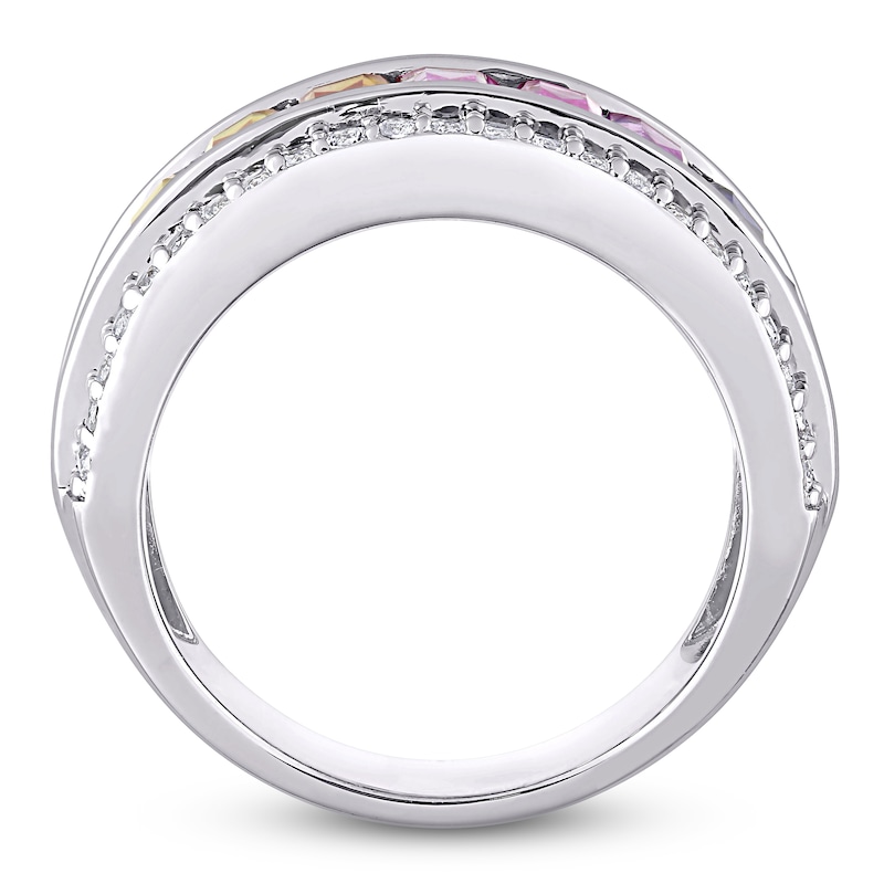 Main Image 3 of Baguette-Cut Multi-Color Lab-Created Sapphire Fashion Band Sterling Silver