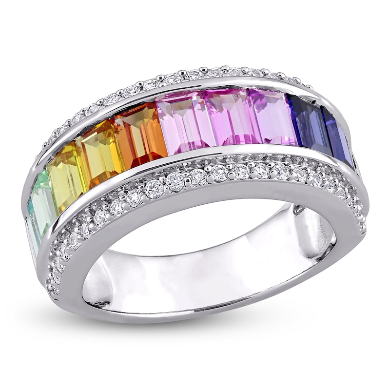 Main Image 4 of Baguette-Cut Multi-Color Lab-Created Sapphire Fashion Band Sterling Silver