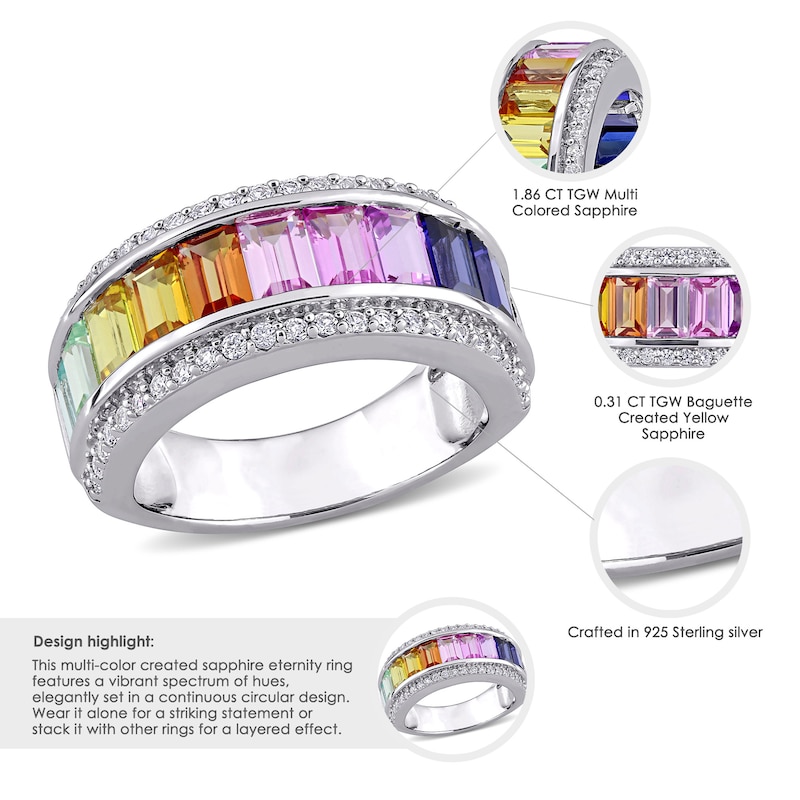 Main Image 5 of Baguette-Cut Multi-Color Lab-Created Sapphire Fashion Band Sterling Silver