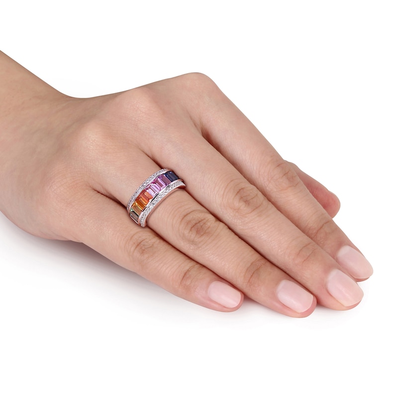 Main Image 6 of Baguette-Cut Multi-Color Lab-Created Sapphire Fashion Band Sterling Silver