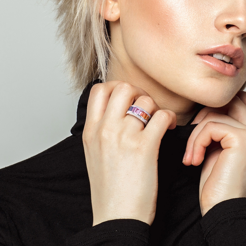 Main Image 7 of Baguette-Cut Multi-Color Lab-Created Sapphire Fashion Band Sterling Silver