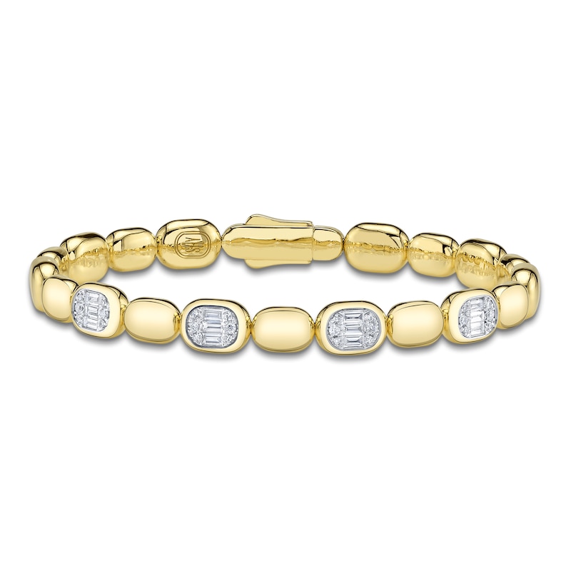 Main Image 1 of Shy ICON Lumeria Baguette & Round-Cut Multi-Diamond Pillow Link Bangle Bracelet 3/8 ct tw 14K Yellow Gold B22001553V4ZM