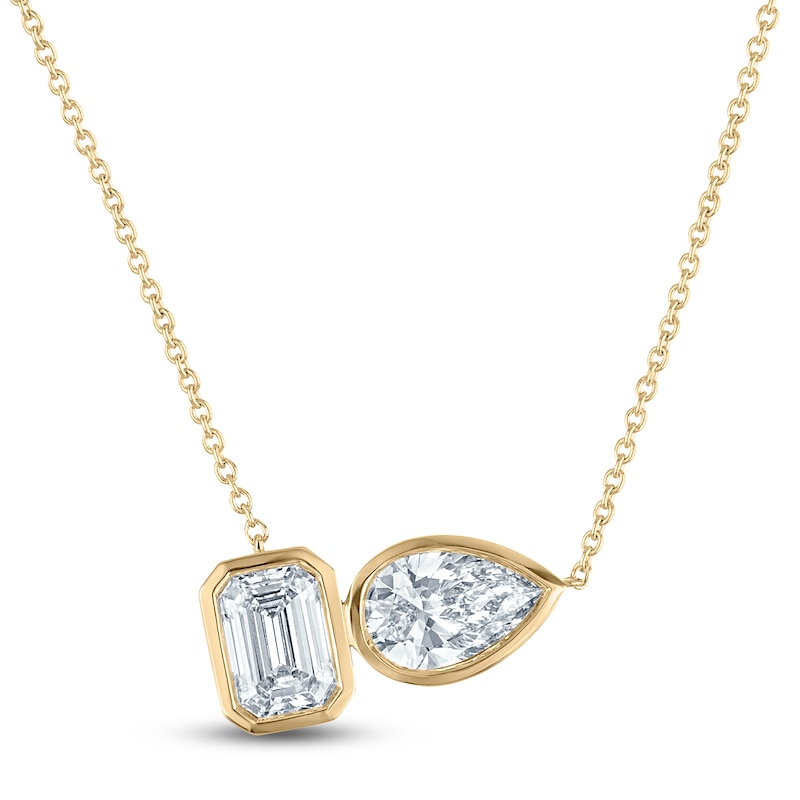 Main Image 1 of Jared Signature Bezel-Set Emerald-Cut & Pear-Shaped Lab-Grown Diamond Toi et Moi Necklace 2 ct tw 14K Yellow Gold 18"