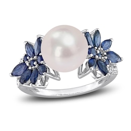 Freshwater Cultured Pearl & Natural Blue Sapphire Ring 1/8 ct tw Diamonds 14K White Gold