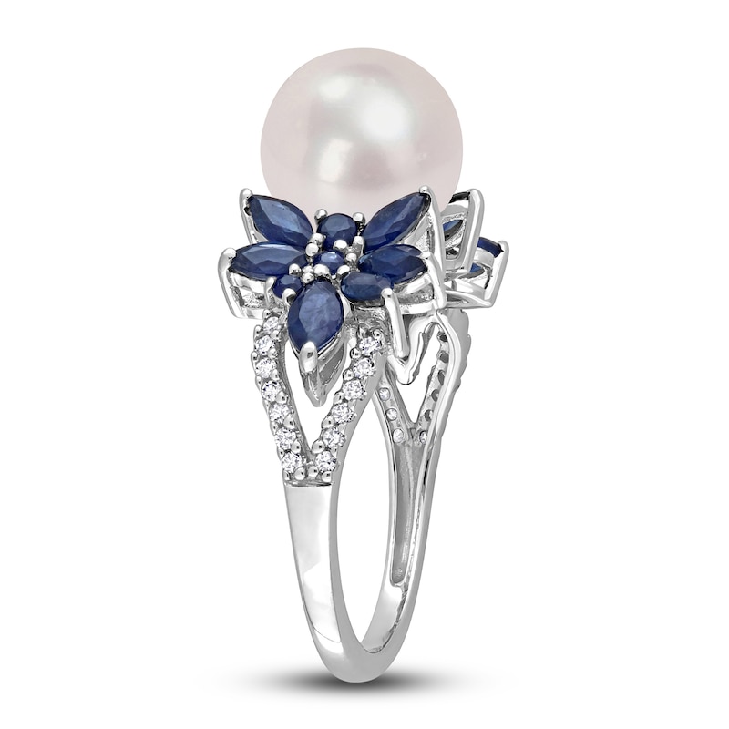 Main Image 2 of Freshwater Cultured Pearl & Natural Blue Sapphire Ring 1/8 ct tw Diamonds 14K White Gold
