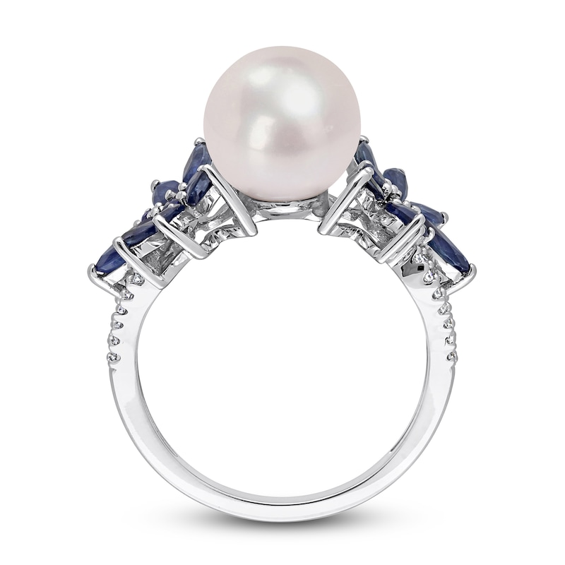 Main Image 3 of Freshwater Cultured Pearl & Natural Blue Sapphire Ring 1/8 ct tw Diamonds 14K White Gold