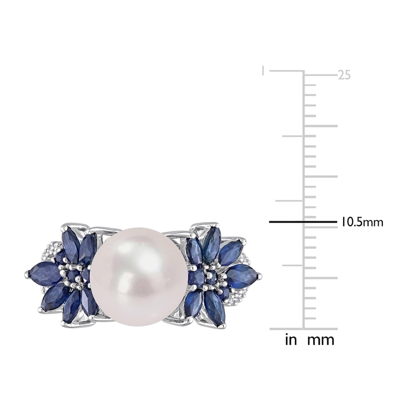 Main Image 4 of Freshwater Cultured Pearl & Natural Blue Sapphire Ring 1/8 ct tw Diamonds 14K White Gold