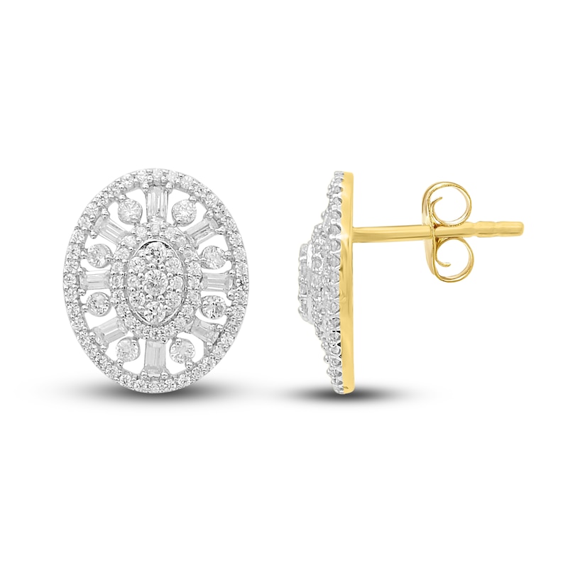 Main Image 1 of Diamond Stud Earrings 3/4 ct tw Round/Baguette 14K Yellow Gold