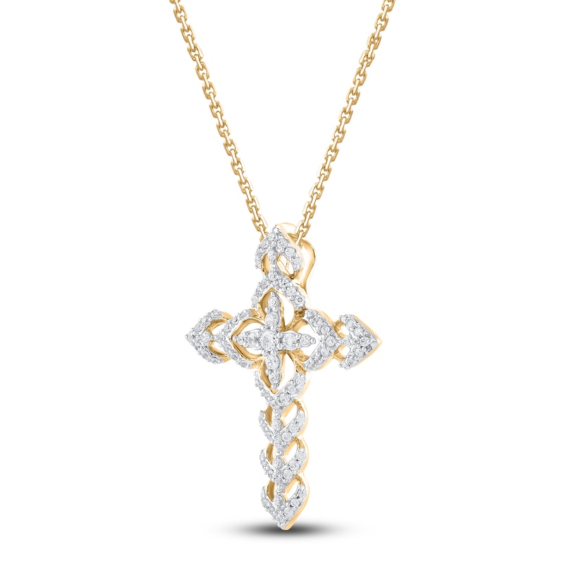 Main Image 2 of Diamond Cross Necklace 1/4 ct tw Round 14K Yellow Gold 18"