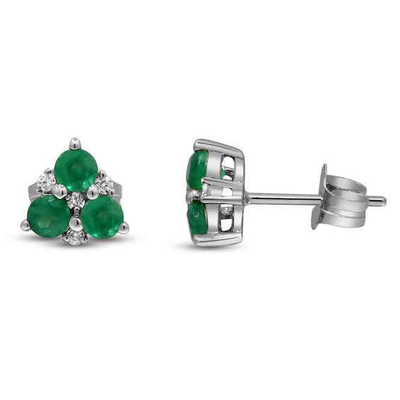 Natural Emerald & Diamond Trio Stud Earrings 1/20 ct tw 14K White Gold