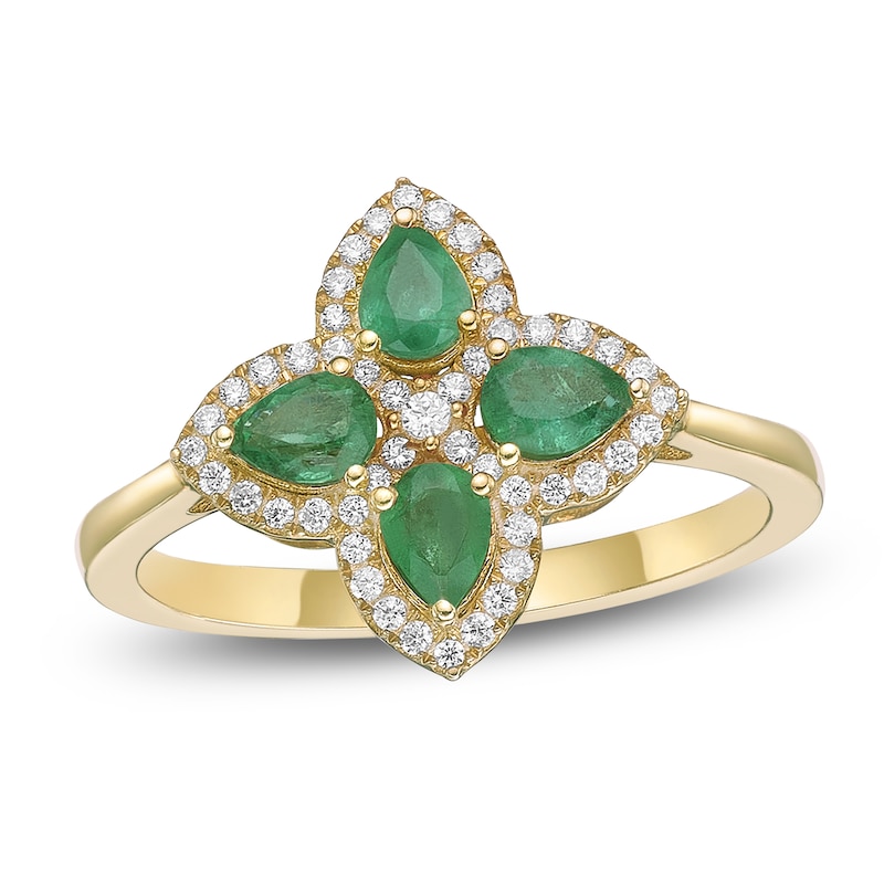Main Image 1 of Pear-Shaped Natural Emerald & Diamond Clover Ring 1/5 ct tw 10K Yellow Gold