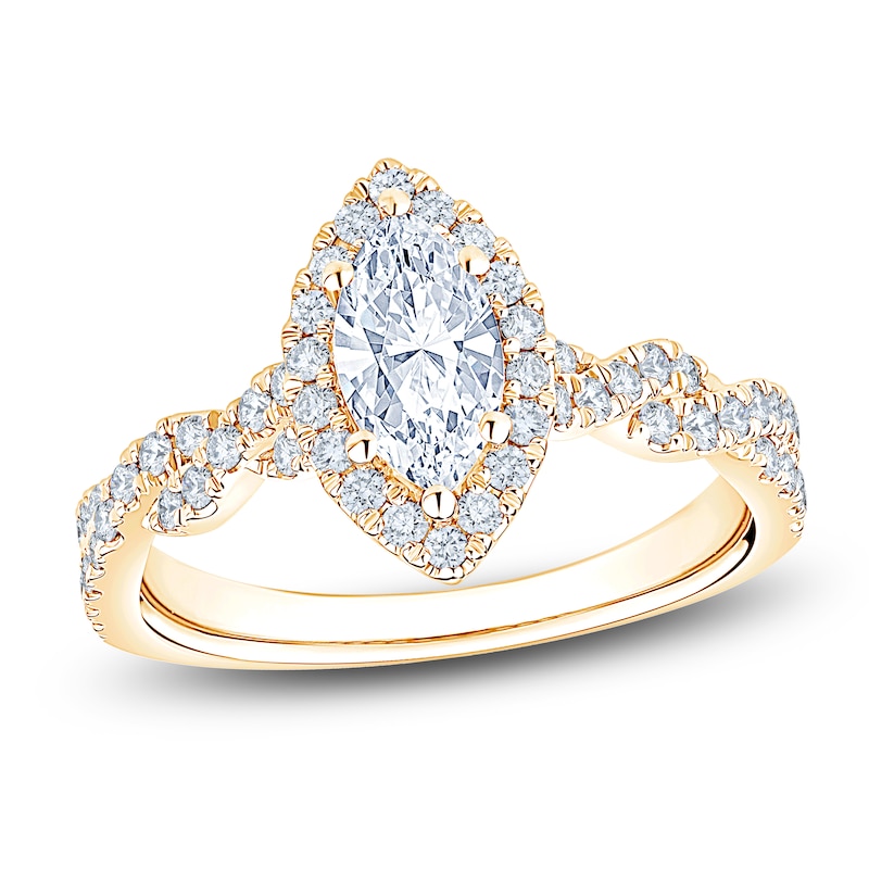 Main Image 1 of Brilliant Moments Certified Marquise-Cut Diamond Halo Engagement Ring 1-1/6 ct tw 14K Yellow Gold