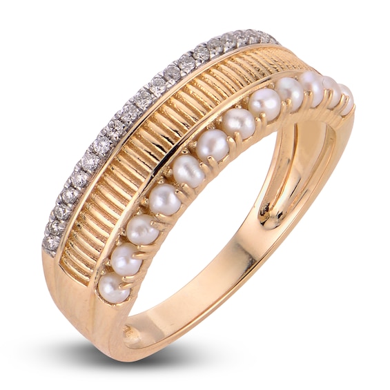 Cultured Pearl & Diamond Ribbed Ring 1/10 ct tw 14K Yellow Gold