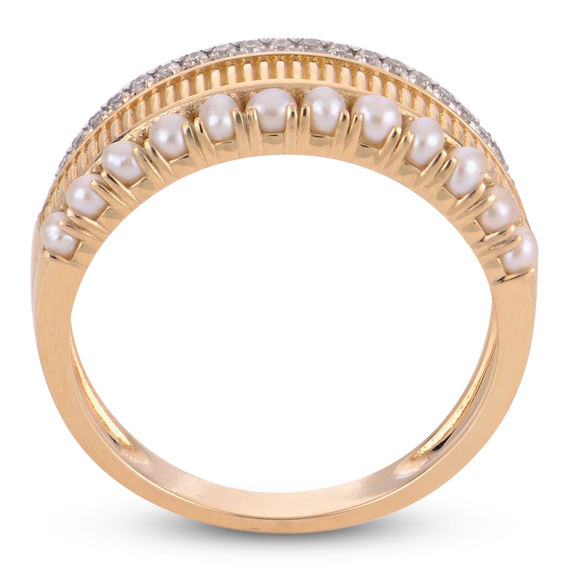 Main Image 3 of Cultured Pearl & Diamond Ribbed Ring 1/10 ct tw 14K Yellow Gold