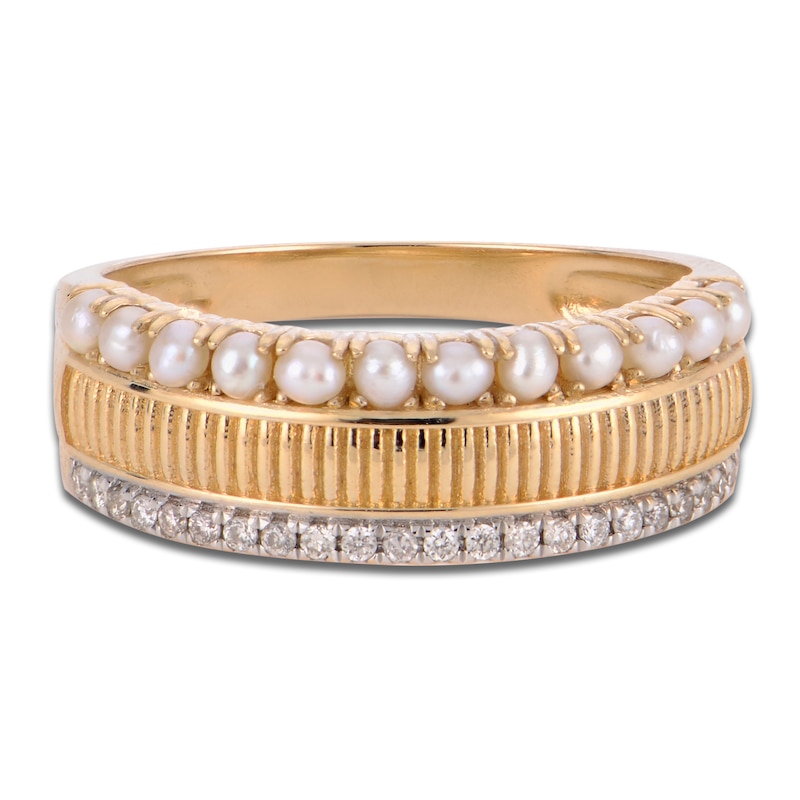 Main Image 4 of Cultured Pearl & Diamond Ribbed Ring 1/10 ct tw 14K Yellow Gold