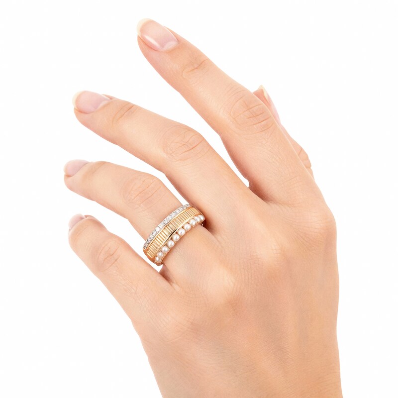 Main Image 6 of Cultured Pearl & Diamond Ribbed Ring 1/10 ct tw 14K Yellow Gold