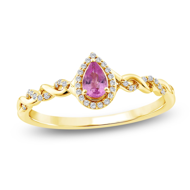 Main Image 1 of Pear-Shaped Natural Pink Sapphire & Diamond Twist Ring 1/15 ct tw 10K Yellow Gold