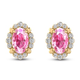 Oval-Cut Natural Pink Sapphire & Diamond Scalloped Halo Stud Earrings 1/15 ct tw 10K Yellow Gold