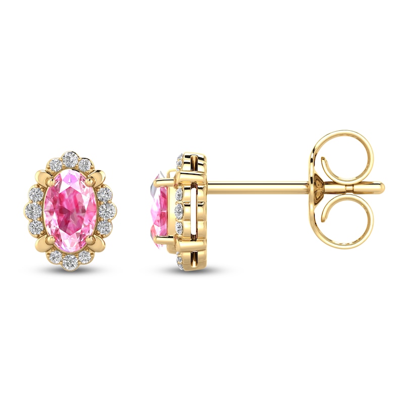 Main Image 2 of Oval-Cut Natural Pink Sapphire & Diamond Scalloped Halo Stud Earrings 1/15 ct tw 10K Yellow Gold