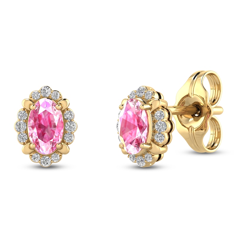 Main Image 3 of Oval-Cut Natural Pink Sapphire & Diamond Scalloped Halo Stud Earrings 1/15 ct tw 10K Yellow Gold