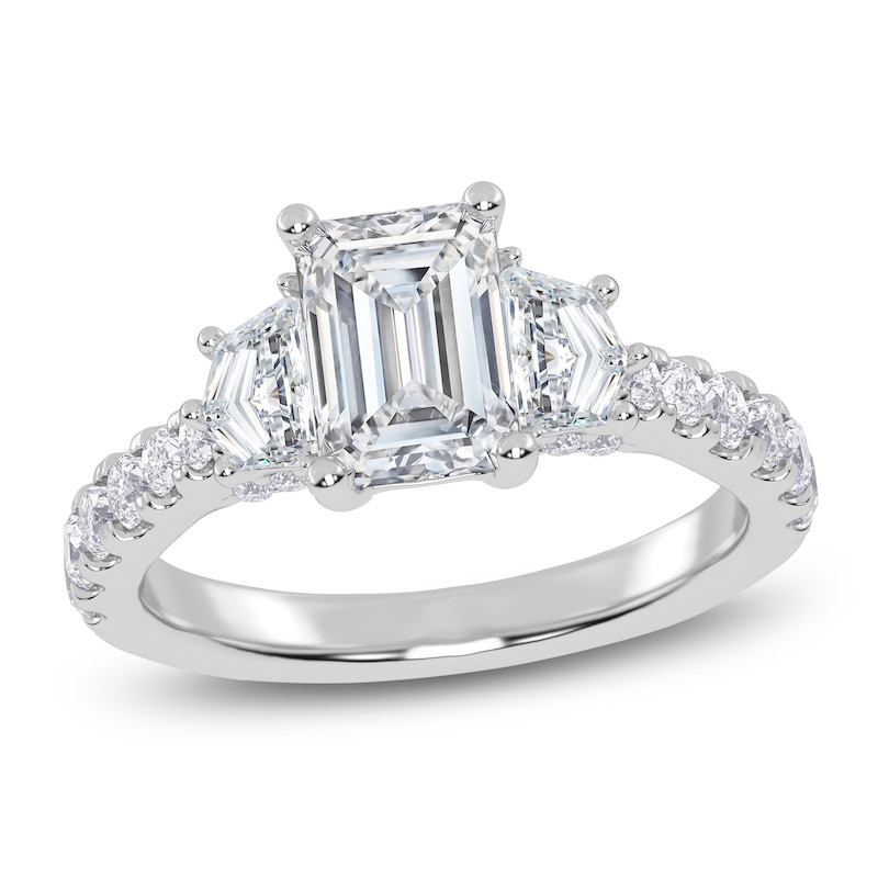 Main Image 1 of Certified Emerald & Shield-Cut Lab-Grown Diamond Three-Stone Ring 2 ct tw 14K White Gold