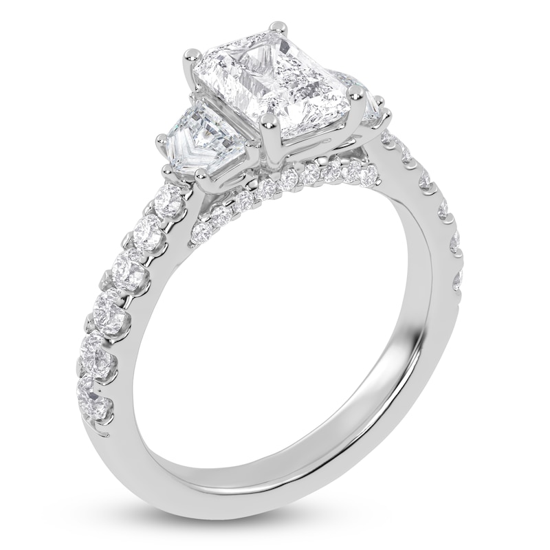 Main Image 2 of Certified Emerald & Shield-Cut Lab-Grown Diamond Three-Stone Ring 2 ct tw 14K White Gold