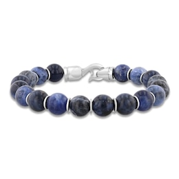 Men's Natural Blue Sodalite Beaded Bracelet Stainless Steel 9"