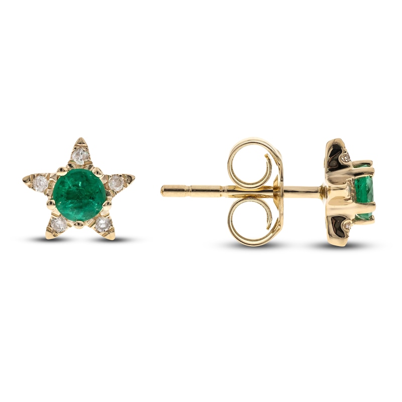 Natural Emerald Star Stud Earrings 1/20 ct tw Diamonds 14K Yellow Gold