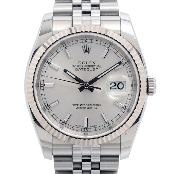 Previously Owned Mens Rolex Datejust 36 18K White Gold Stainless Steel Watch 80624973115 Model 116234 Previously Owned Mens Rolex Datejust 36 18K White Gold Stainless Steel Watch 80624973115 Model 116234