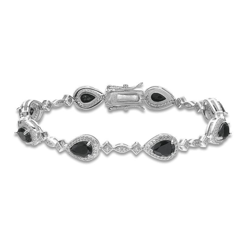 Main Image 1 of Pear-Shaped Natural Black Onyx & White Lab-Created Sapphire Bracelet Sterling Silver 7.25"