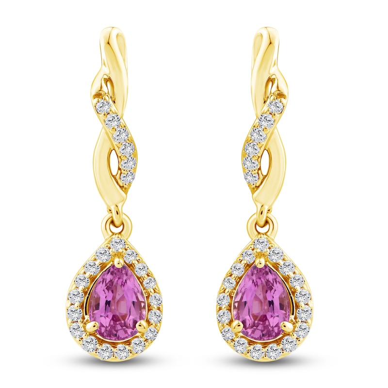 Main Image 1 of Pear-Shaped Natural Pink Sapphire & Diamond Twist Drop Earrings 1/10 ct tw 10K Yellow Gold