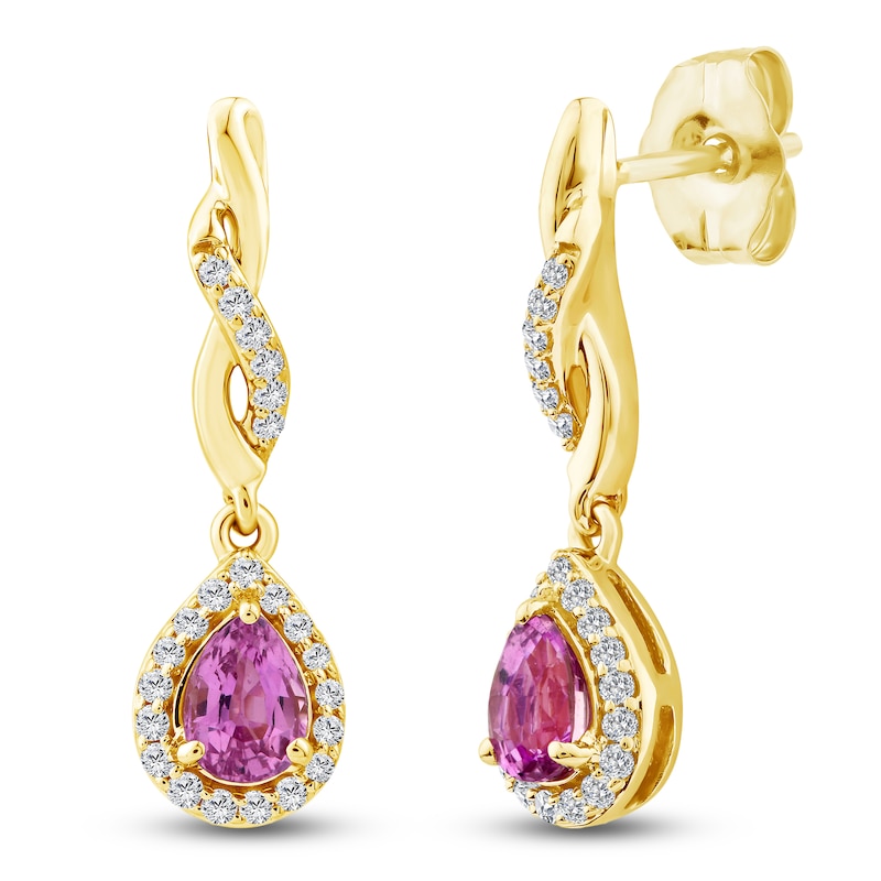 Main Image 2 of Pear-Shaped Natural Pink Sapphire & Diamond Twist Drop Earrings 1/10 ct tw 10K Yellow Gold