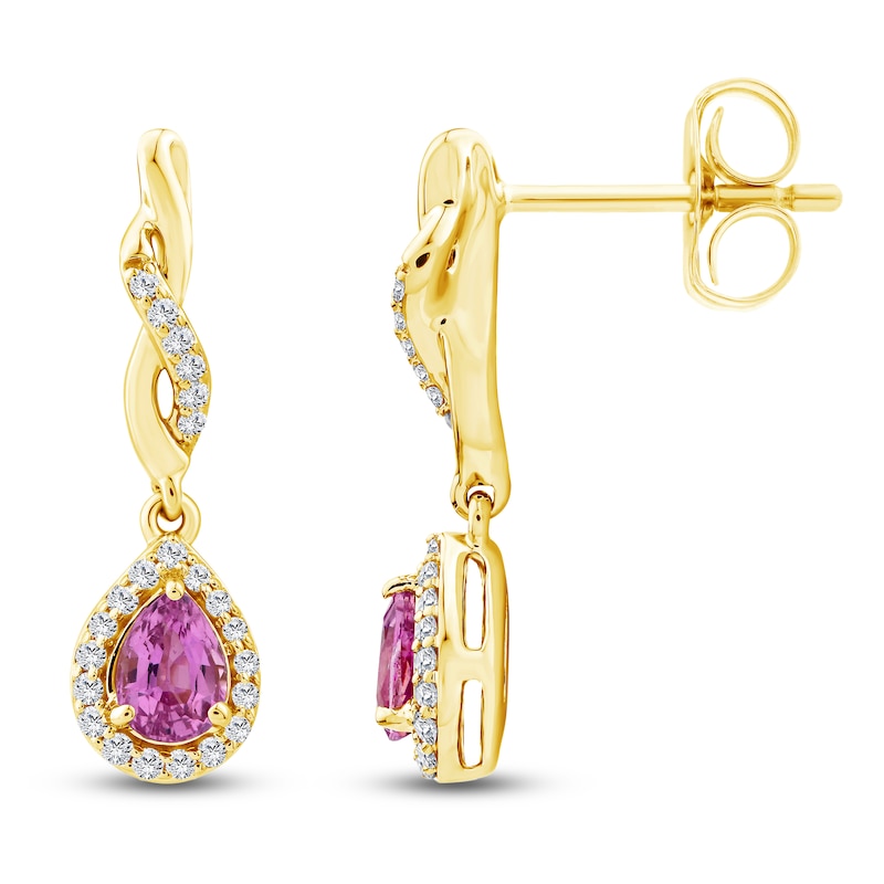 Main Image 3 of Pear-Shaped Natural Pink Sapphire & Diamond Twist Drop Earrings 1/10 ct tw 10K Yellow Gold