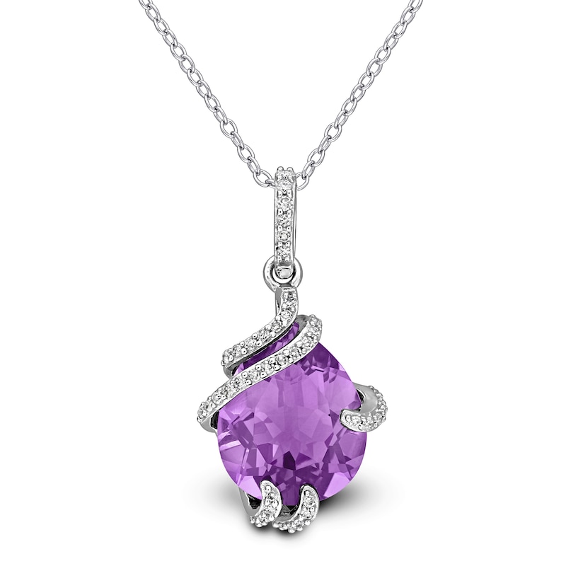 Main Image 1 of Pear-Shaped Natural Amethyst & Diamond Necklace 1/8 ct tw 10K White Gold 18"