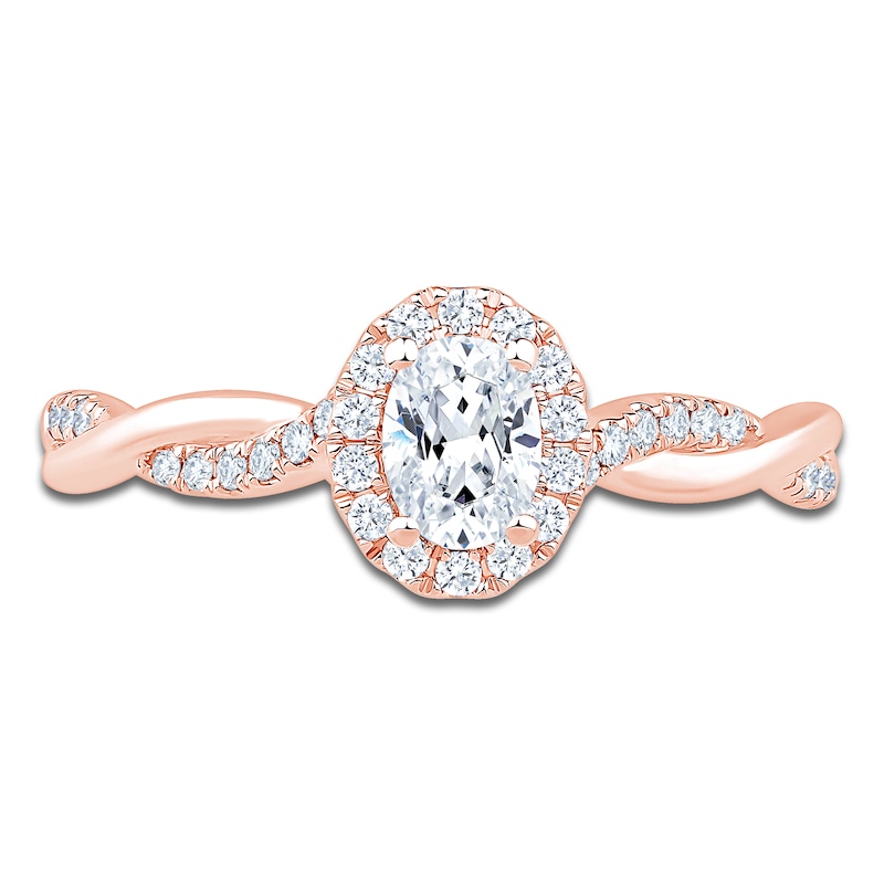 Main Image 3 of Certified Oval-Cut Diamond Halo Twist Shank Engagement Ring 1/2 ct tw 14K Rose Gold