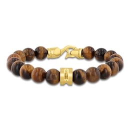 Men's Natural Tiger's Eye Beaded Bracelet Yellow Ion-Plated Stainless Steel 9"