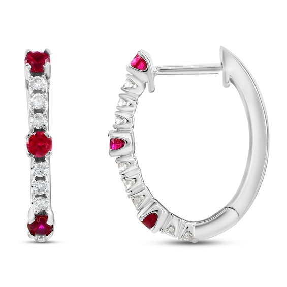 Lab-Created Ruby & Lab-Grown Diamond Oval Hoop Earrings 1/5 ct tw 10K White Gold
