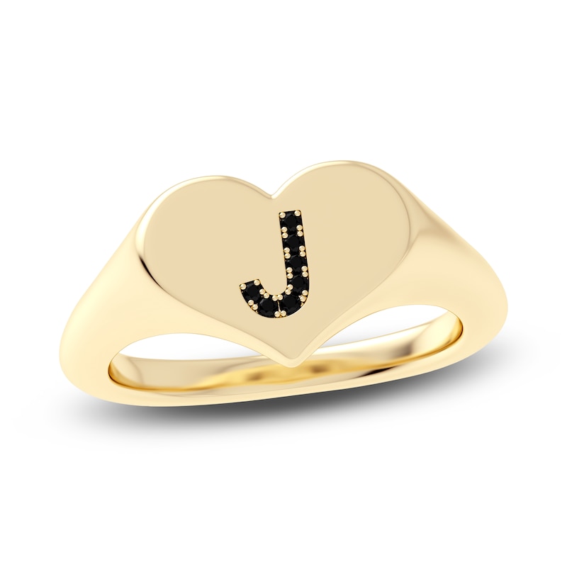 Juliette Maison Black Diamond Initial Heart Signet Ring 1/6 ct tw Round 10K Yellow Gold