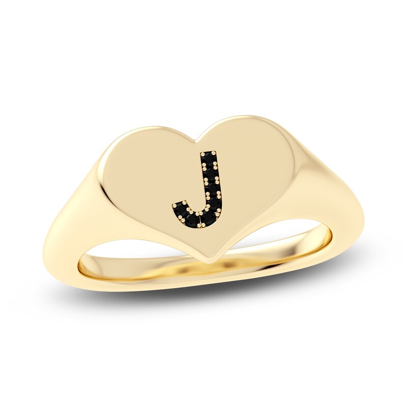 Main Image 1 of Juliette Maison Black Diamond Initial Heart Signet Ring 1/6 ct tw Round 10K Yellow Gold