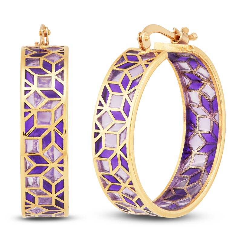 Italia D'Oro Purple Enamel Hoop Earrings 14K Yellow Gold 25mm