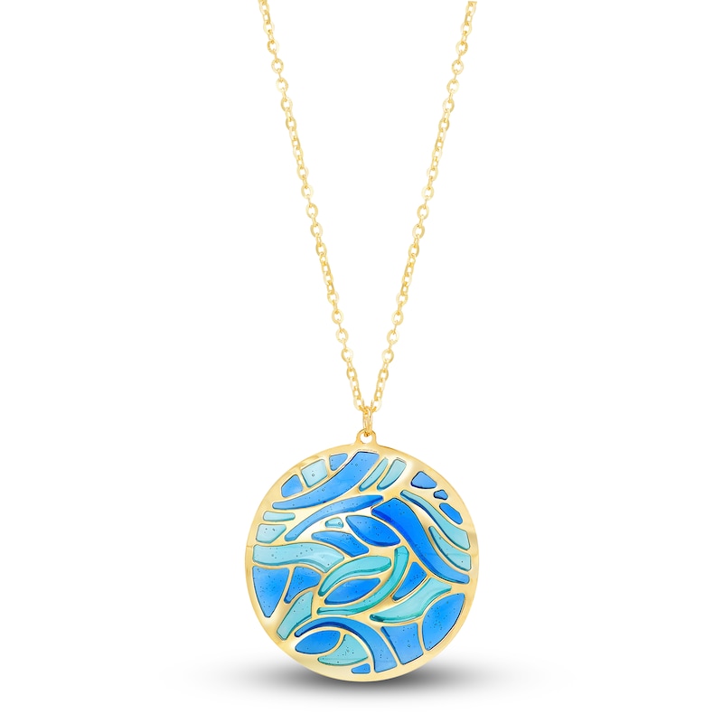 Main Image 1 of Italia D'Oro Circle Pendant Blue/Teal Enamel 14K Yellow Gold 16"