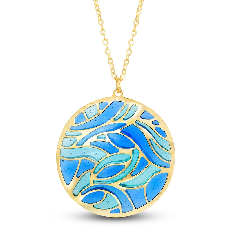 Main Image 2 of Italia D'Oro Circle Pendant Blue/Teal Enamel 14K Yellow Gold 16"