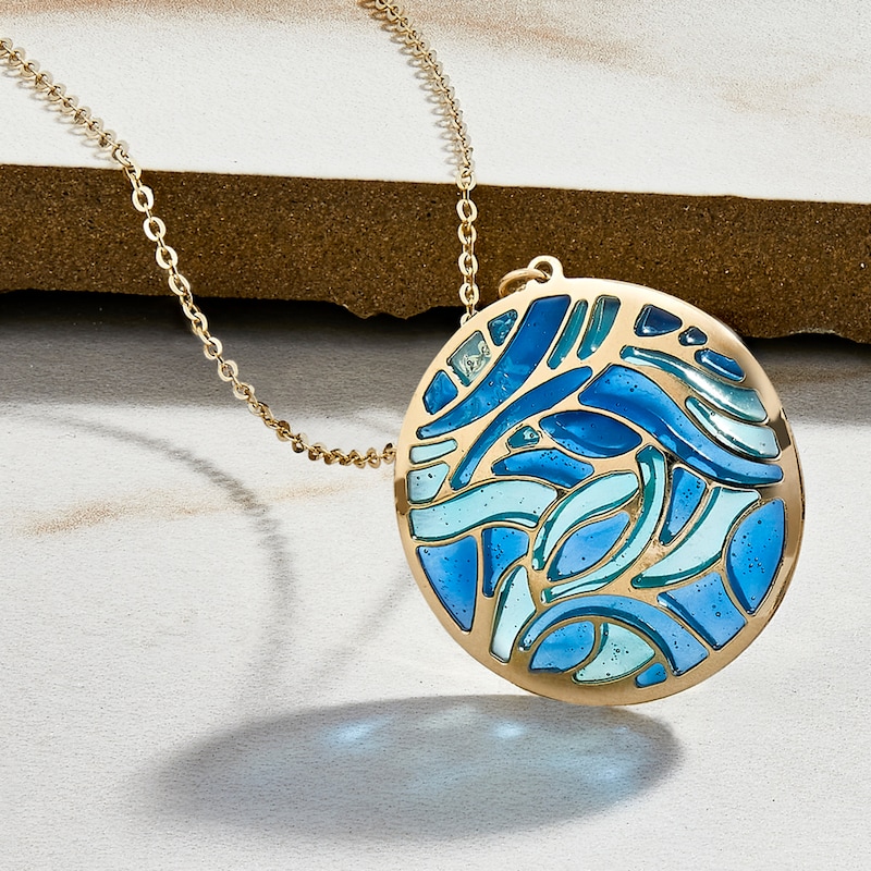Main Image 4 of Italia D'Oro Circle Pendant Blue/Teal Enamel 14K Yellow Gold 16"