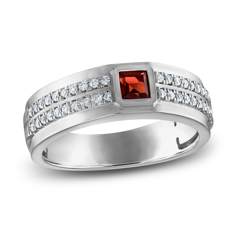 Men's Natural Garnet Anniversary Band 1/4 ct tw Diamonds 14K White Gold